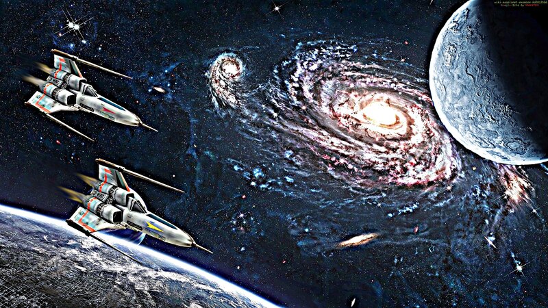 Spaceships in Space — Blue, Dramatic, Digital Art, Galaxy