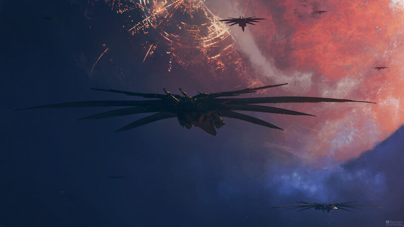 Spaceships in Space — Blue, Dramatic, Digital Art, Planet