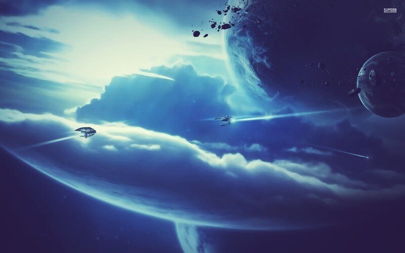 Spaceships in Space — Blue, Dramatic, Digital Art, Planets