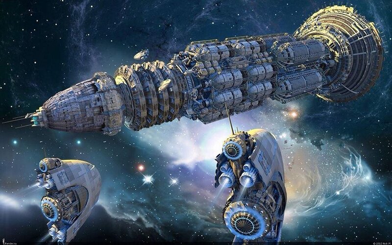 Spaceships in Space — Blue, Dramatic, Digital Art, Stars