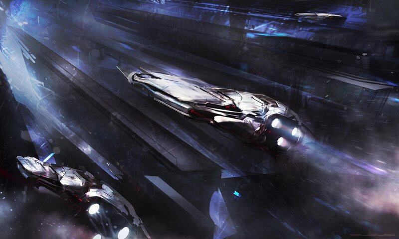 Spaceships in Space — Blue, Dramatic, Night, Digital Art, Ships