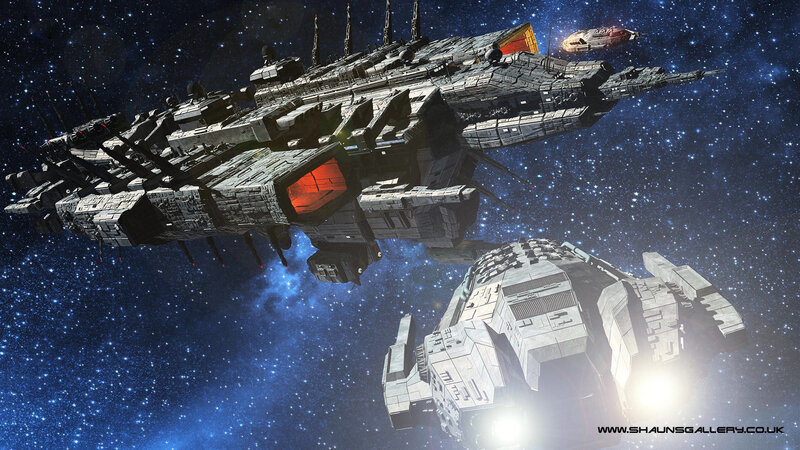 Spaceships in Space — Blue, Dramatic, Night, Digital Art