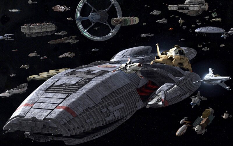 Spaceships in Space — Gray, Dramatic, Night, Digital Art, Starships