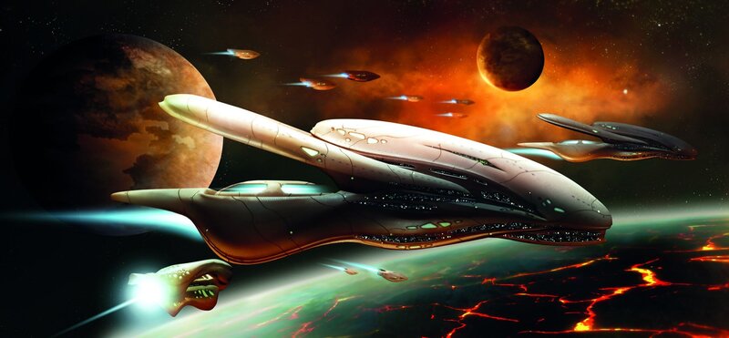 Spaceships in Space — Orange, Dramatic, Digital Art, Planets