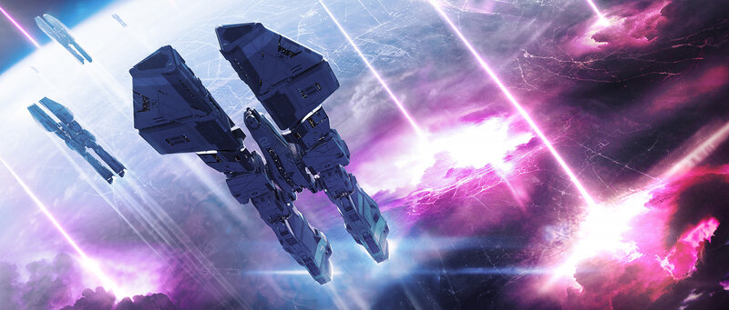 Spaceships in Space — Purple, Dramatic, Digital Art