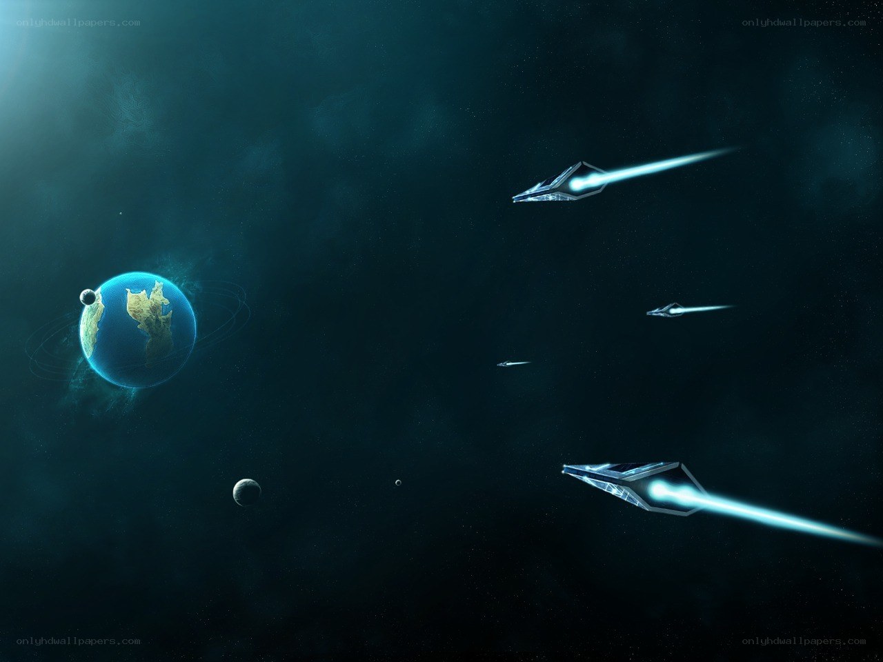 Spaceships near a blue planet