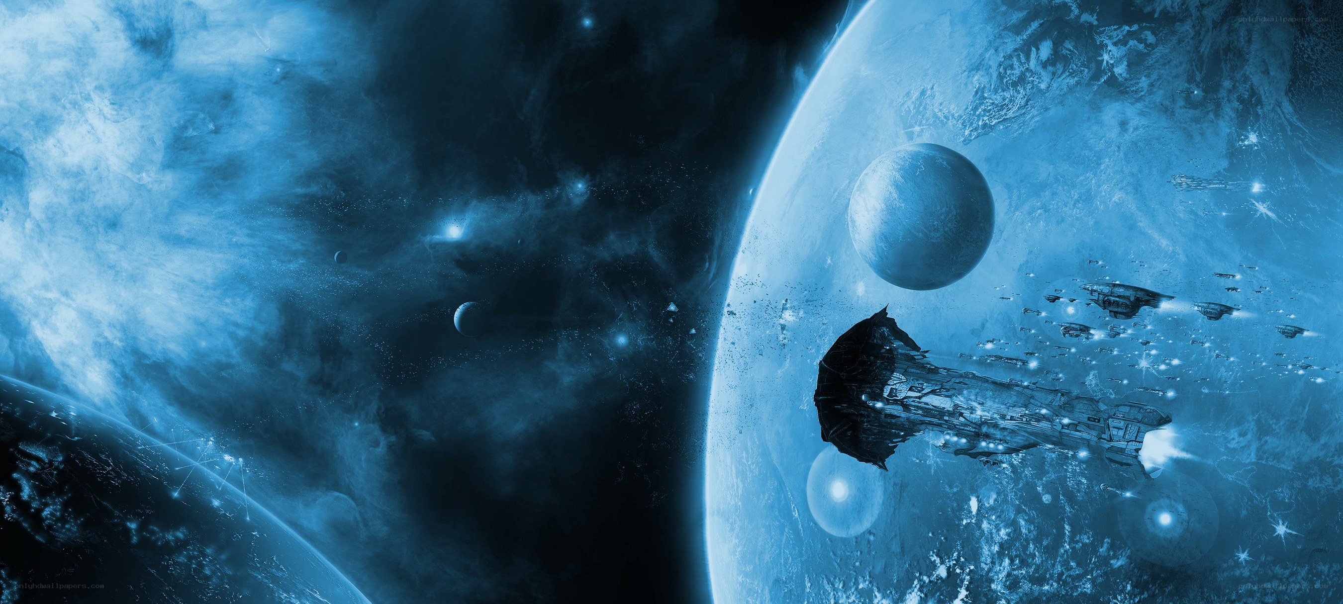 Spaceships near a blue planet