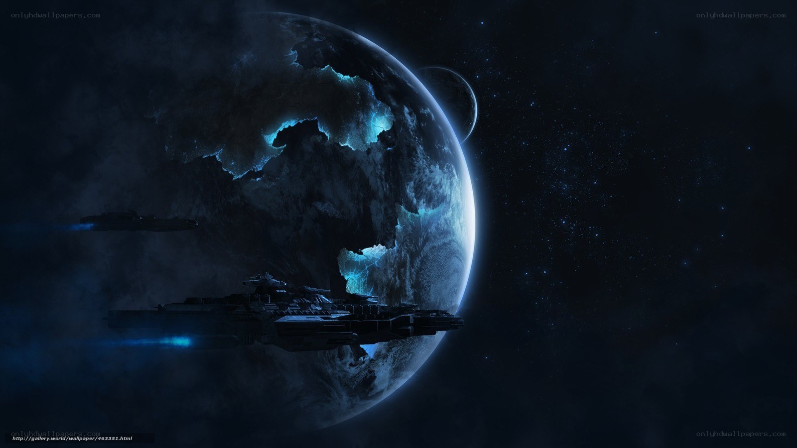 Spaceships near a glowing planet