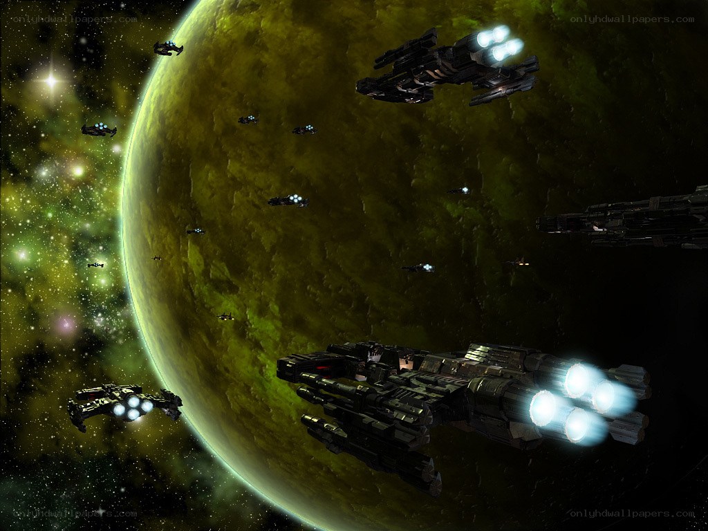 Spaceships near a green planet