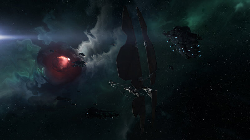 Spaceships near a red nebula