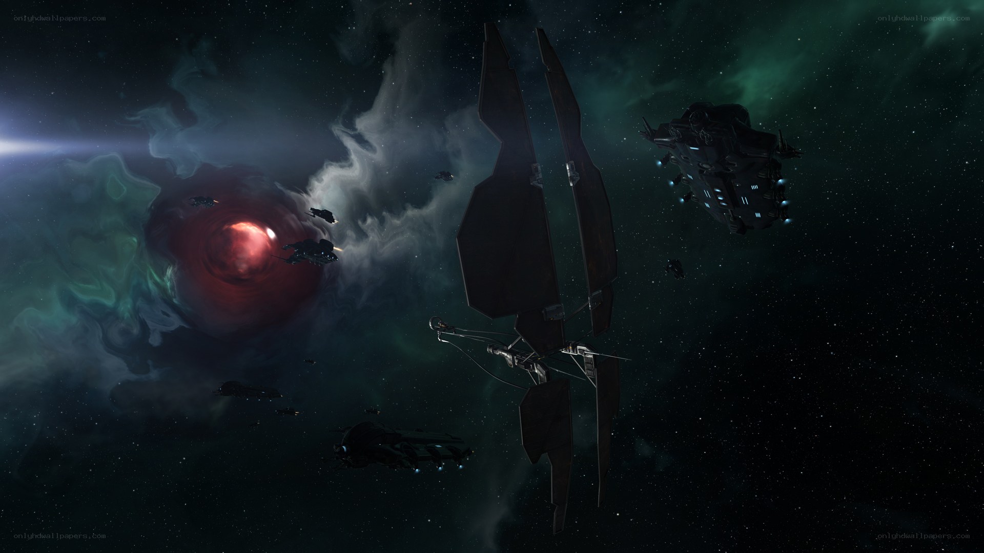 Spaceships near a red nebula