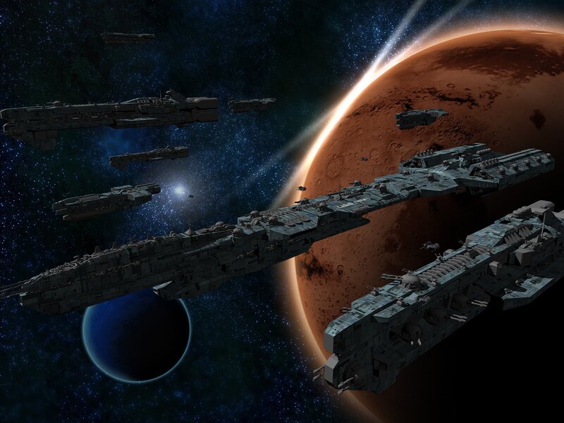 Spaceships near a red planet