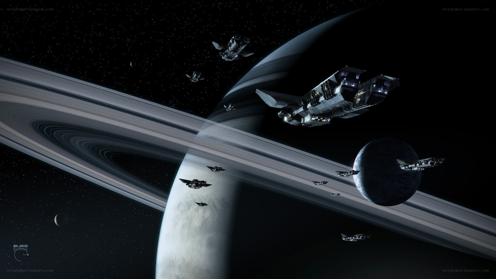 Spaceships near a ringed planet
