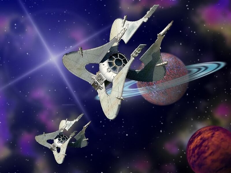 spaceships near a ringed planet