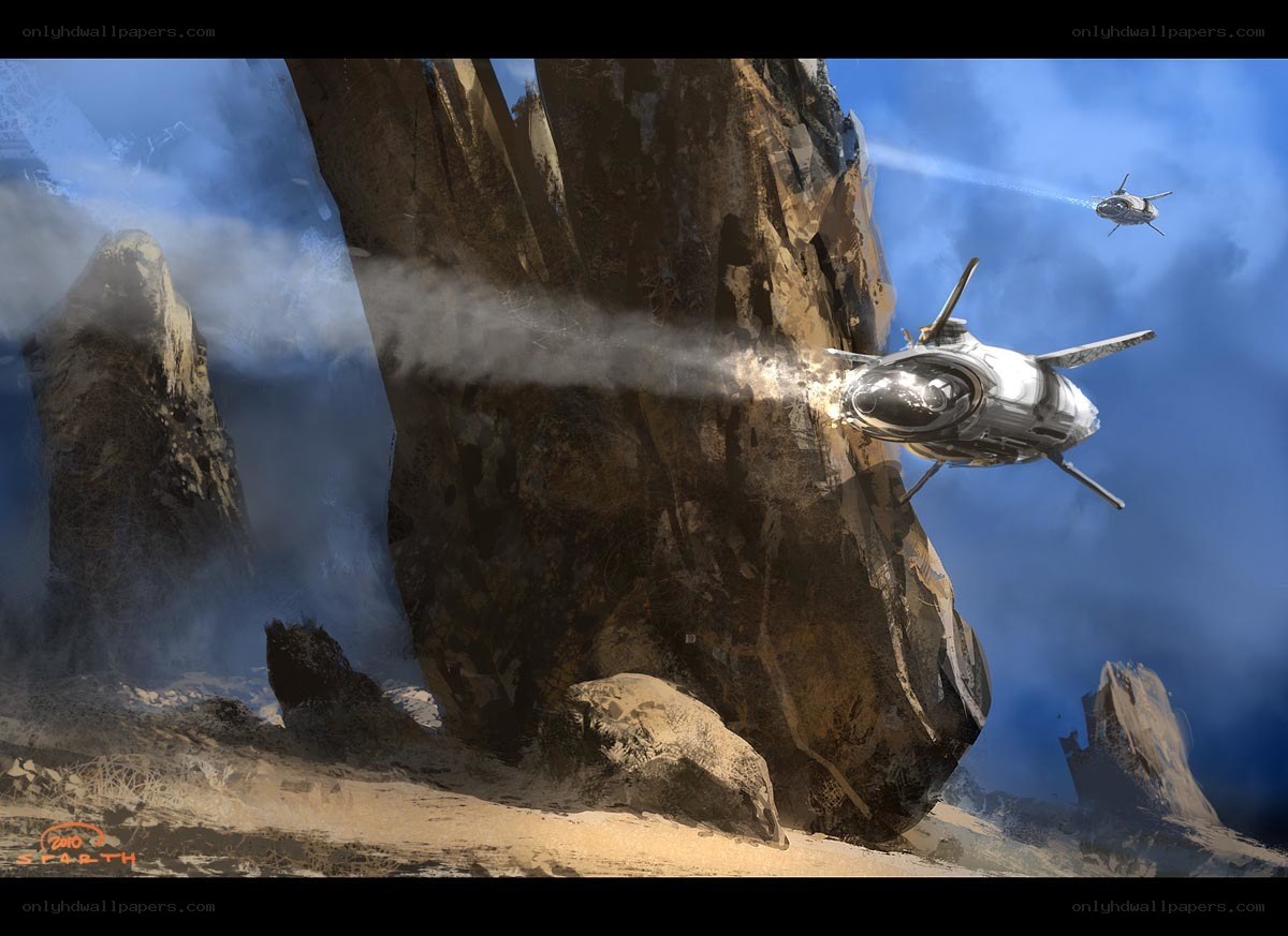 Spaceships near alien rock formations
