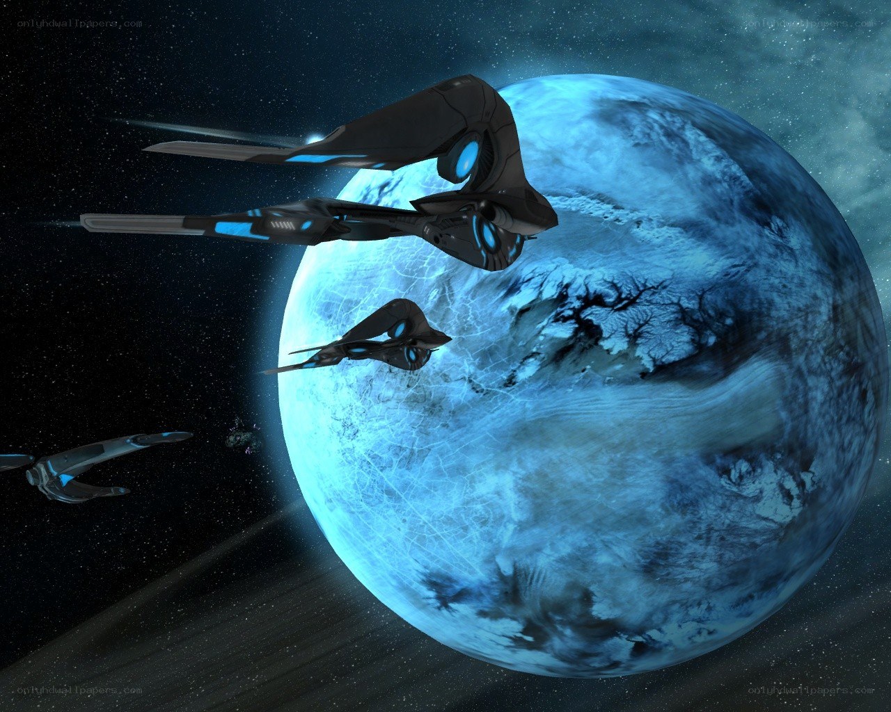 Spaceships near blue planet