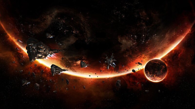 Spaceships Near Planet — Black, Dramatic, Digital Art, Asteroids