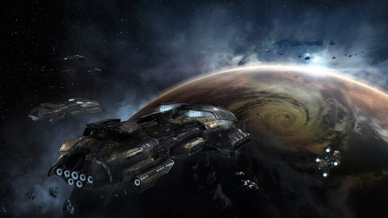 Spaceships Near Planet — Black, Dramatic, Digital Art, Starfield