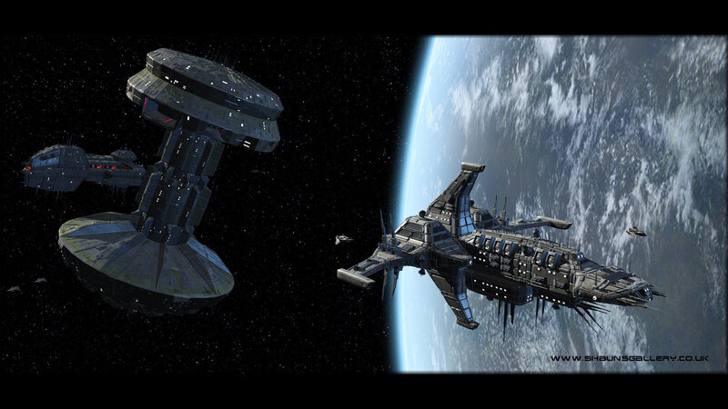 Spaceships Near Planet — Black, Dramatic, Digital Art