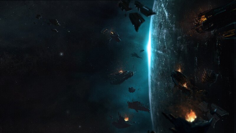 Spaceships Near Planet — Black, Dramatic, Night, Digital Art, Debris, Explosions