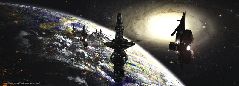 Spaceships Near Planet — Black, Dramatic, Night, Digital Art, Galaxy