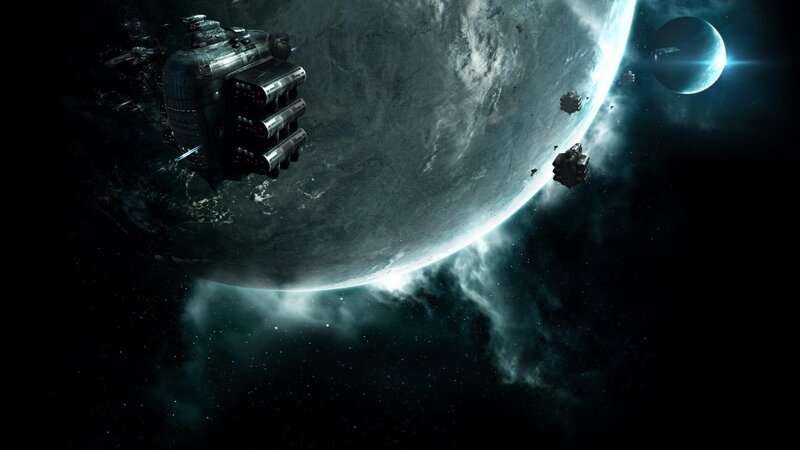 Spaceships Near Planet — Black, Dramatic, Night, Digital Art, Moon, Asteroids