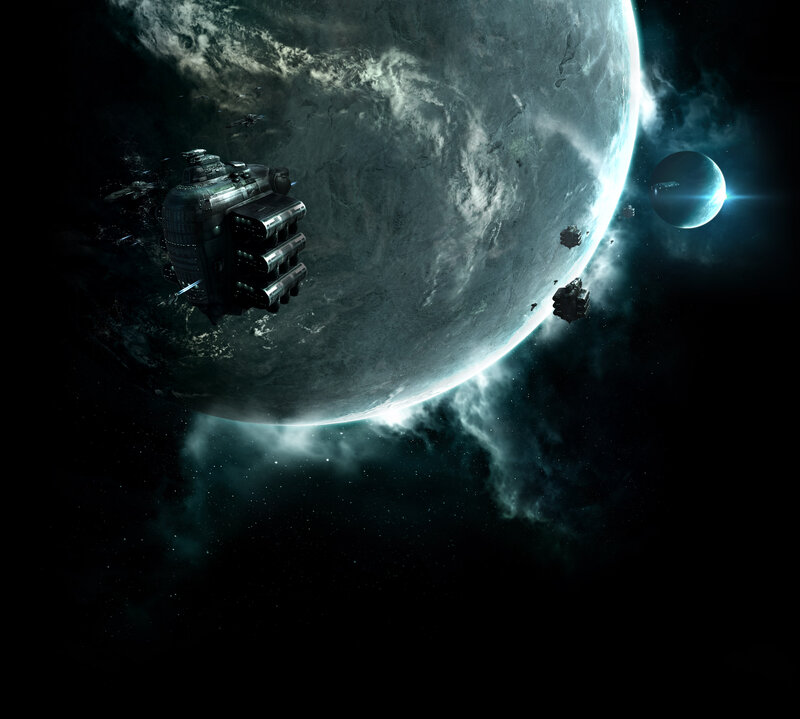 Spaceships Near Planet — Black, Dramatic, Night, Digital Art, Moon