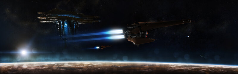 Spaceships Near Planet — Black, Dramatic, Night, Digital Art, Space Station, Starship