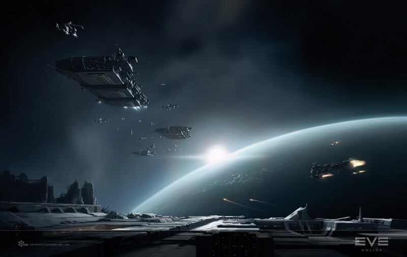 Spaceships Near Planet — Black, Dramatic, Night, Digital Art, Space Station, Sun