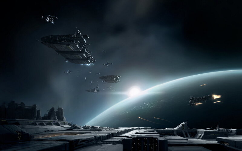 Spaceships Near Planet — Black, Dramatic, Night, Digital Art, Spacecraft, City, Sun