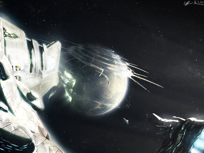 Spaceships Near Planet — Black, Dramatic, Night, Digital Art, Spacecraft, Stars, White