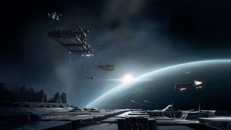 Spaceships Near Planet — Black, Dramatic, Night, Digital Art, Spacecraft, Sun