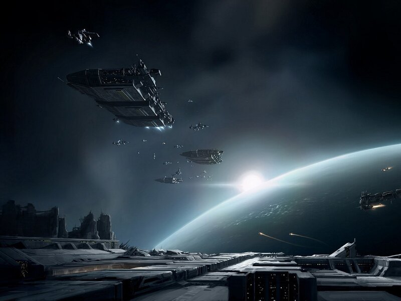 Spaceships Near Planet — Black, Dramatic