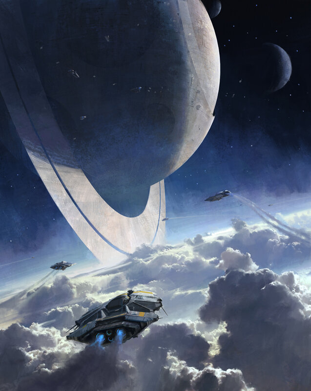 Spaceships Near Planet — Blue, Dramatic, Digital Art, Clouds