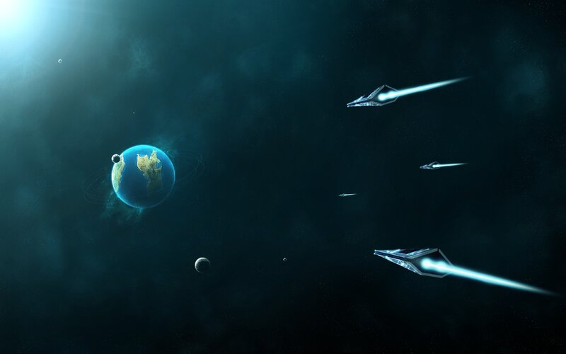 Spaceships Near Planet — Blue, Dramatic, Digital Art, Moon, Star