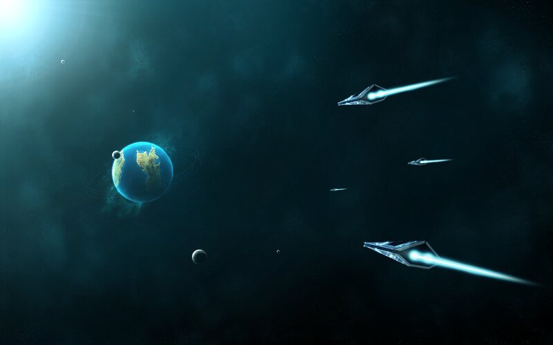 Spaceships Near Planet — Blue, Dramatic, Digital Art, Moon, Stars
