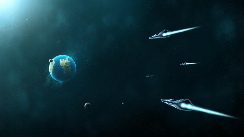 Spaceships Near Planet — Blue, Dramatic, Digital Art, Moon