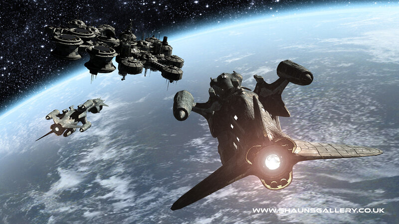 Spaceships Near Planet — Blue, Dramatic, Digital Art, Space Station, Starfield