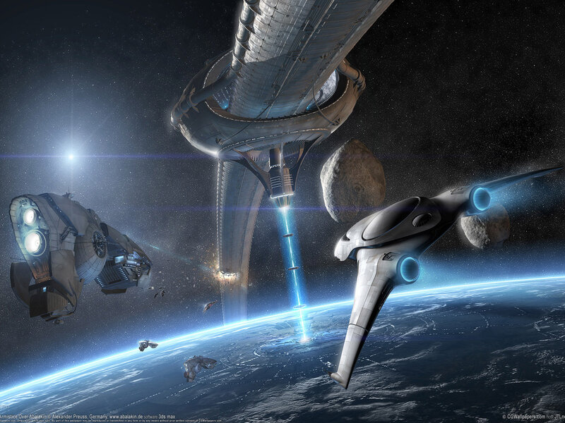 Spaceships Near Planet — Blue, Dramatic, Digital Art, Space Station