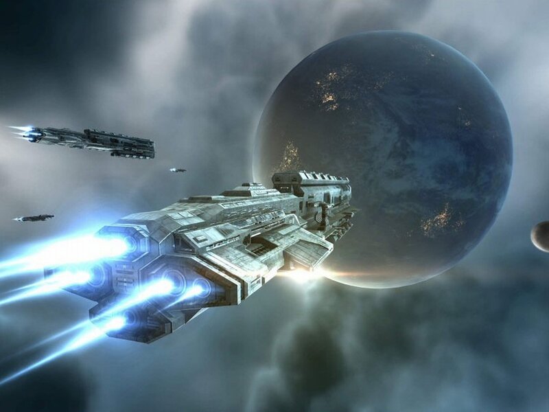 Spaceships Near Planet — Blue, Dramatic, Digital Art, Spacecraft
