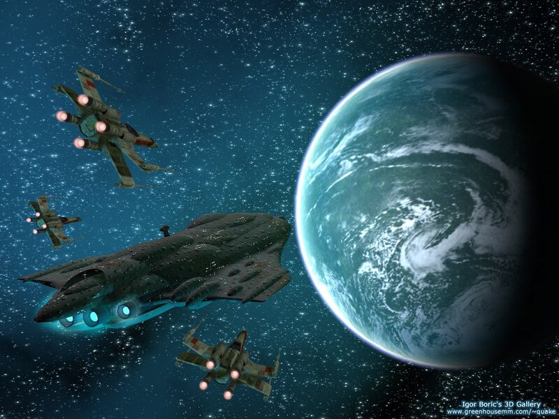Spaceships Near Planet — Blue, Dramatic, Digital Art, Starfield
