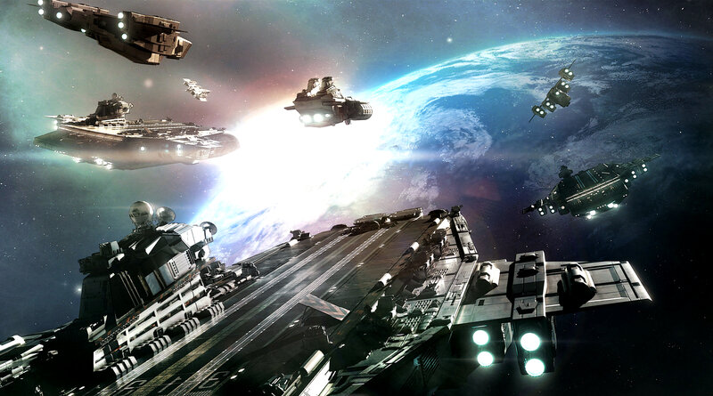 Spaceships Near Planet — Blue, Dramatic, Digital Art