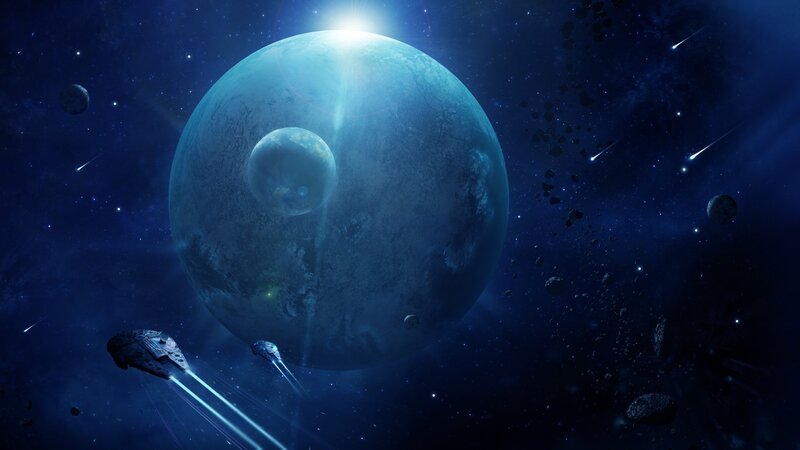 Spaceships Near Planet — Blue, Dramatic, Night, Digital Art, Moon, Asteroids, Black