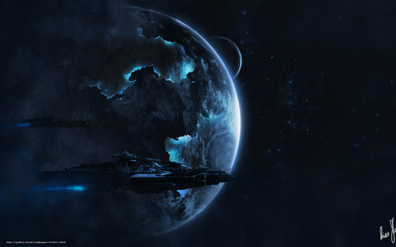 Spaceships Near Planet — Blue, Dramatic, Night, Digital Art, Moon, Starfield