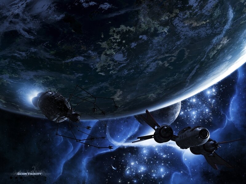 Spaceships Near Planet — Blue, Dramatic, Night, Digital Art, Moon