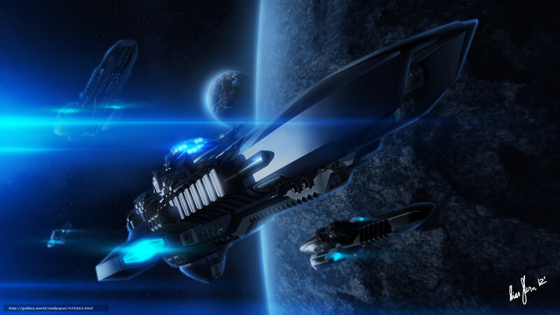 Spaceships Near Planet — Blue, Dramatic, Night, Digital Art, Space
