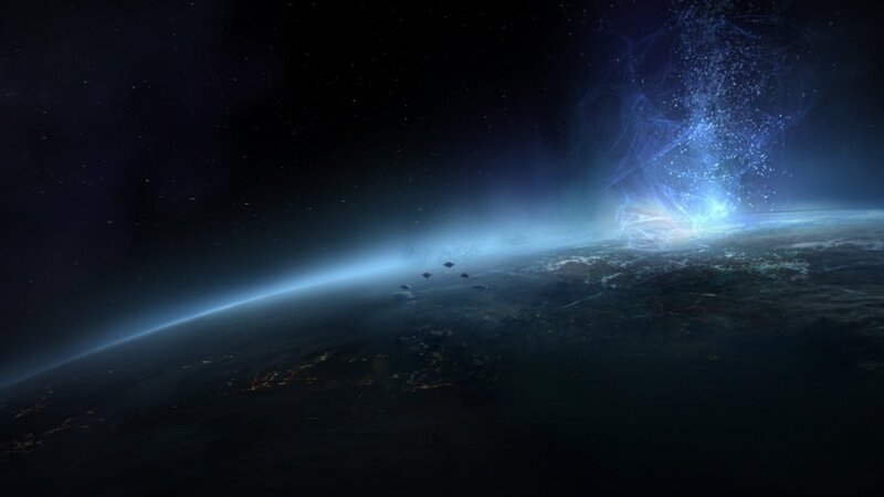 Spaceships Near Planet — Blue, Dramatic, Night, Digital Art, Spacecraft, Energy Burst