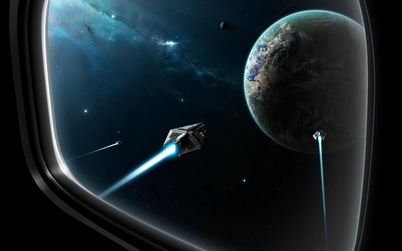 Spaceships Near Planet — Blue, Dramatic, Night, Digital Art, Spacecraft, Stars, Black, White