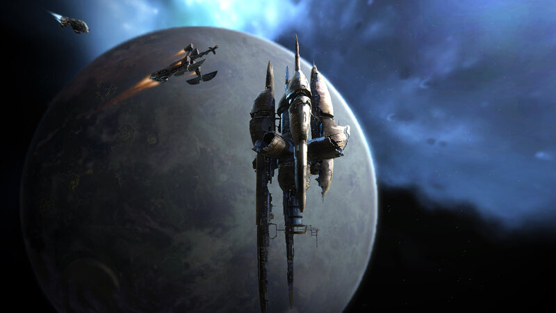 Spaceships Near Planet — Blue, Dramatic, Night, Digital Art, Spacecraft