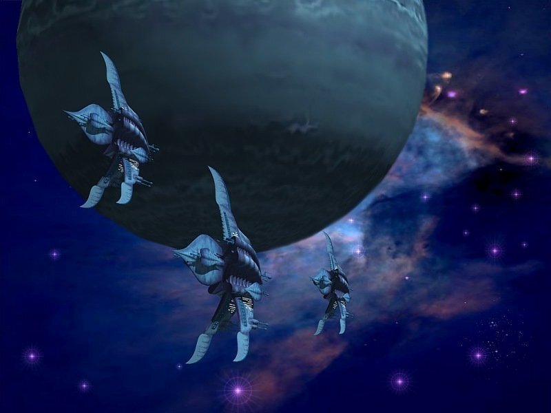 Spaceships Near Planet — Blue, Dramatic, Night, Digital Art, Stars